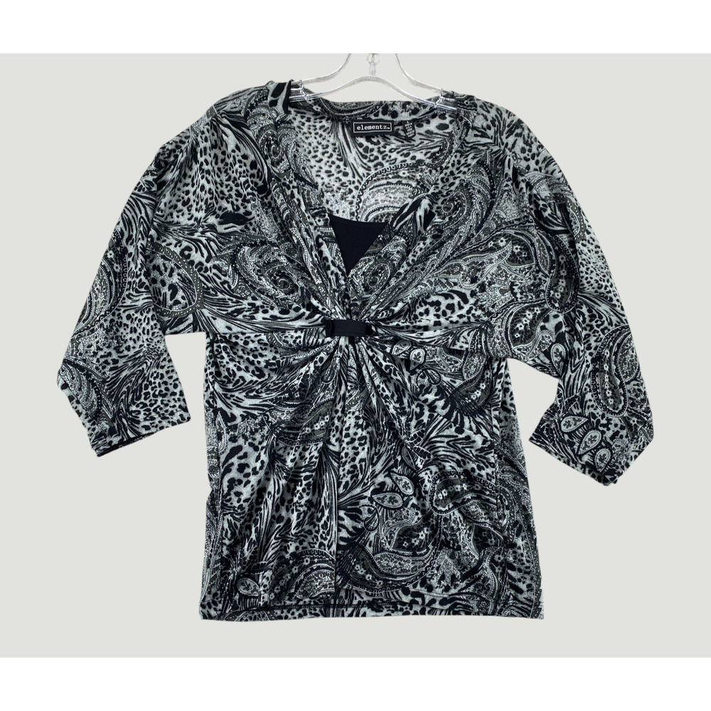 Elementz Twist Front Blouse Womens Large Paisley Animal Print Stretch Top